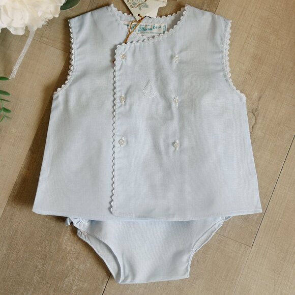 Boy's Blue Heirloom Diaper Set SailBoat Feltman Brothers Ric-Rac Trim NWT - Picture 2 of 4